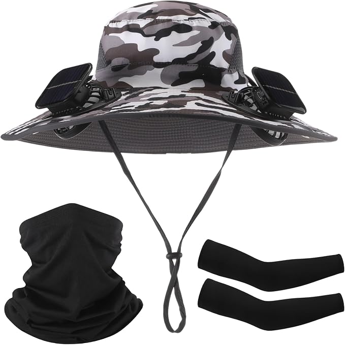 Syhood Solar Powered Fan Hat Neck Gaiter Arm Sleeves Sun Bucket Hat with Fan Cooling Wide Brim Hats for Fishing Hiking