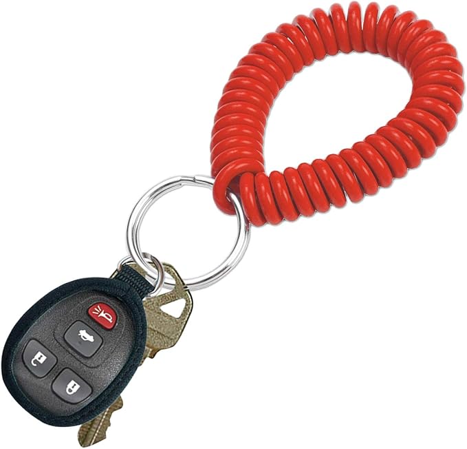 Lucky Line 2” Spiral Wrist Coil with Steel Key Ring, Flexible Wrist Band Key Chain Bracelet, Stretches to 12”, Red, 10 PK (41070)