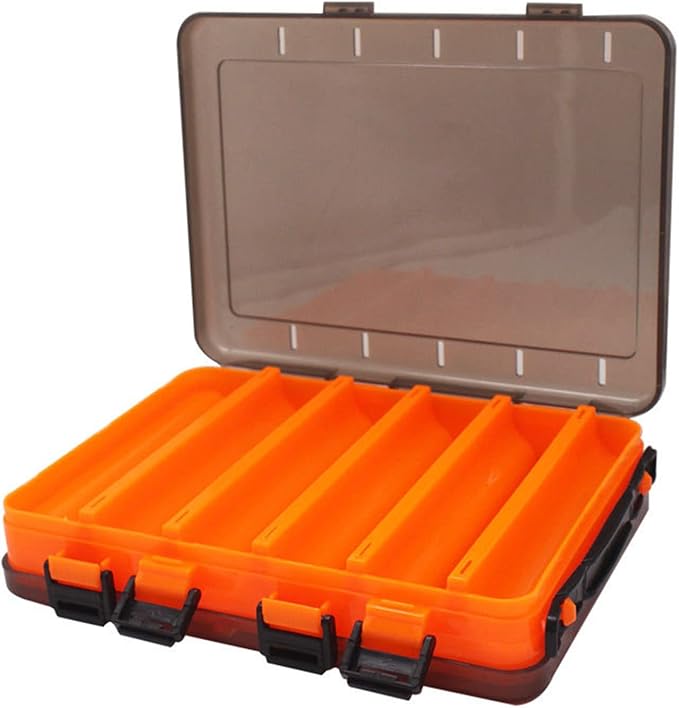 Double-Sided Fishing Lure Hook Tackle Box Visible Hard Plastic Clear Fishing Lure Bait Squid Jig Minnows Hooks Accessory Storage Case Container (Orange-10Slots)