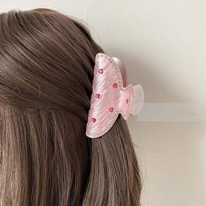 1 Pack Valentine's Day Hair Claw Clips Pink Hair Clips with Red Heart Rhinestone Valentines Hair Accessories Fashion Strong Hold Hair Claw Clips Crystal Diamond Unique Design Claw Clips for Women Girl