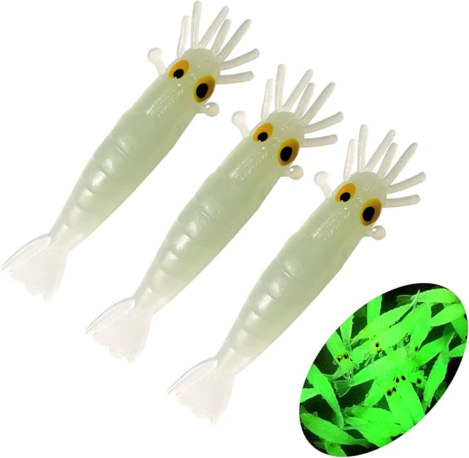 QualyQualy Fishing Soft Lures Artificial Bait Luminous Glow Shrimp Grub Worms Lure Ice Fishing Lures for Bass Walleye Trout Crappie 54pcs