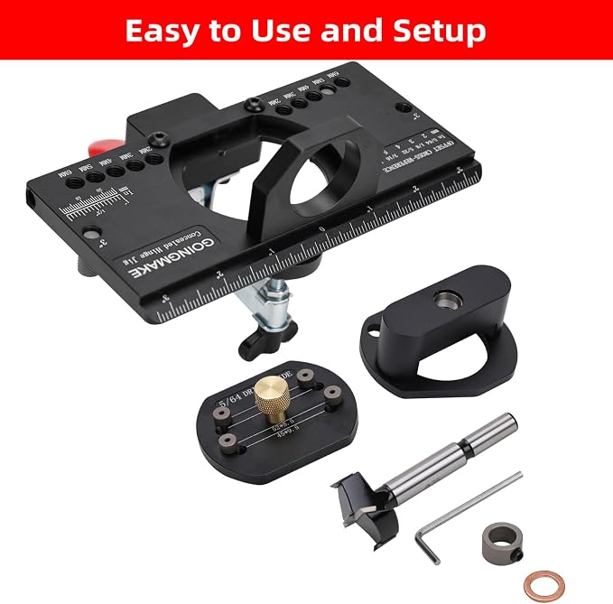 GOINGMAKE Metal Concealed Hinge Jig with Quick Clamp and Dust Vacuum Adapter - 35mm Cabinet Hinge Drilling Jig for Woodworking Door Cabinet Hinges Mounting Tool