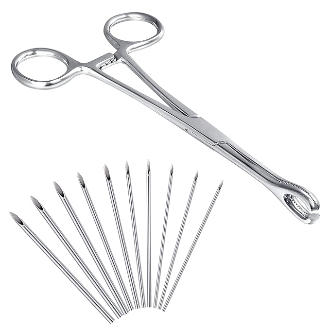 DJCIW Piercing Metal Clamps Forceps with 20Pcs Piercing Needles Surgical Stainless Steel Piercing Clamps for Belly Nipple Tragus Tongue Ear Piercing