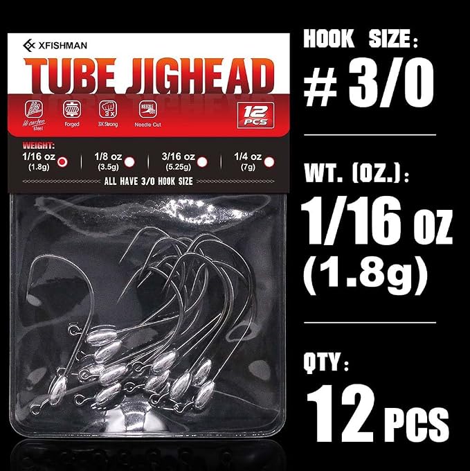 XFISHMAN-Tube-Jig-Heads-for-Bass-Fishing-Tube-Bait-Hooks 1/16oz 1/8oz 3/16oz 1/4oz (12-Pack)