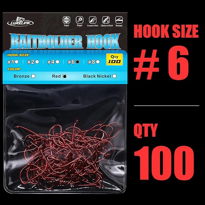 Baitholder Fishing Hooks 100 Pack - Double-Barbed Long Shank for Bluegill Bass Trout Walleye Black/Red, 8/0-#8