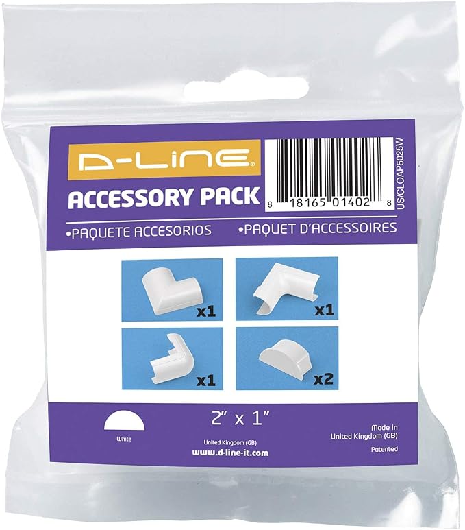 D-Line Large Cable Raceway Accessory Pack, Join 2in x 1in Cord Cover Lengths, 5 Accessories Included, Hide Cords Around a Variety of Angles - White