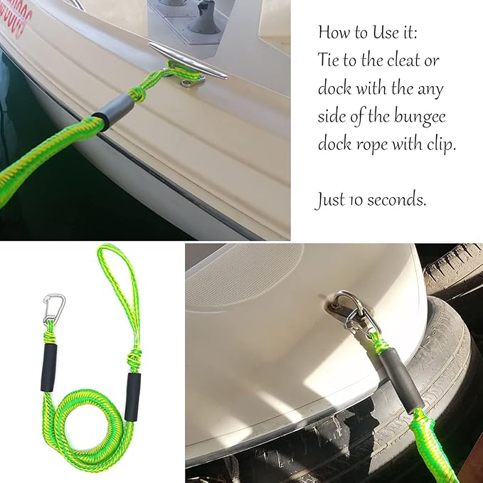 Bungee Dock Lines, 4ft Boat Stretchable Dock Rope with 316 Stainless Clips for PWC, Jet Ski, Kayak, Watercraft, Pontoon, Shock Absorbing Tie Off Downs Boat Mooring Ropes 2Pcs Green