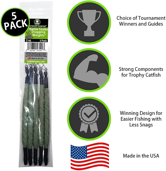 Rattle Snake Dragging Weights, Snagless Sinkers for Dragging, Trolling, and Drifting. Rattles to Attract Catfish