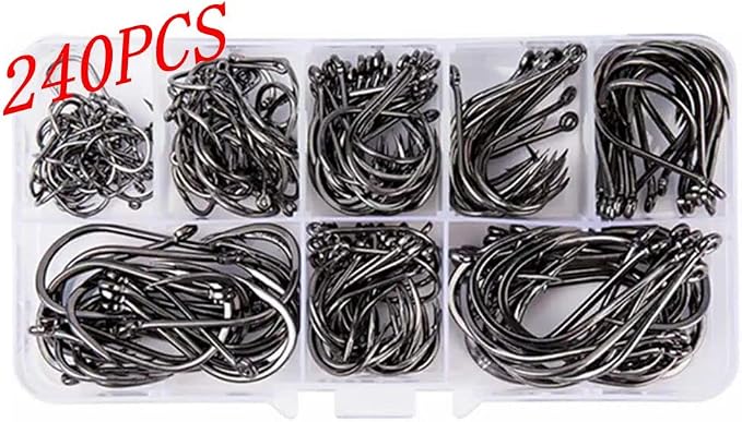 FCFKUK 240pcs/box Large Size Premium Fishhooks, 8 Sizes Strong Custom Offset Sport Black High Carbon Steel Barbs Fishing Hooks