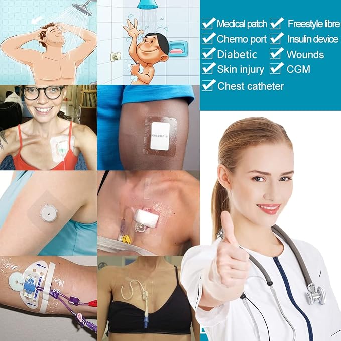 50 Pcs Chest Port Shower Cover Waterproof Adhesive Bandage Protector 4 x 4 Inch for Dialysis Catheter Chemo Hemodialysis Transparent Patch Surgery Wound Incision Water Barrier Stretch Dressing