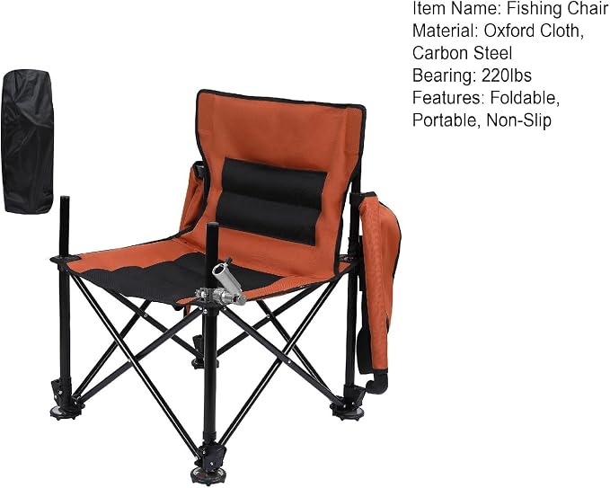 Heavy Duty Folding Fishing Chair 220LBS Load Capacity, Portable Compact Camping Chair with 1 Detachable Rod Holders, Adjustable Legs, Storage Bags & Non-Slip Feet for Outdoor Fishing Beach