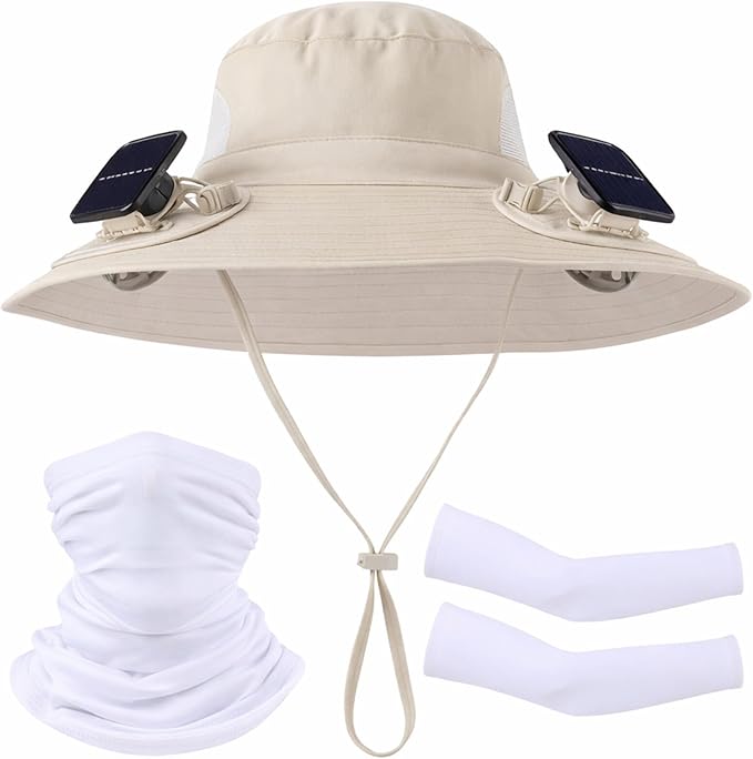 Syhood Solar Powered Fan Hat Neck Gaiter Arm Sleeves Sun Bucket Hat with Fan Cooling Wide Brim Hats for Fishing Hiking