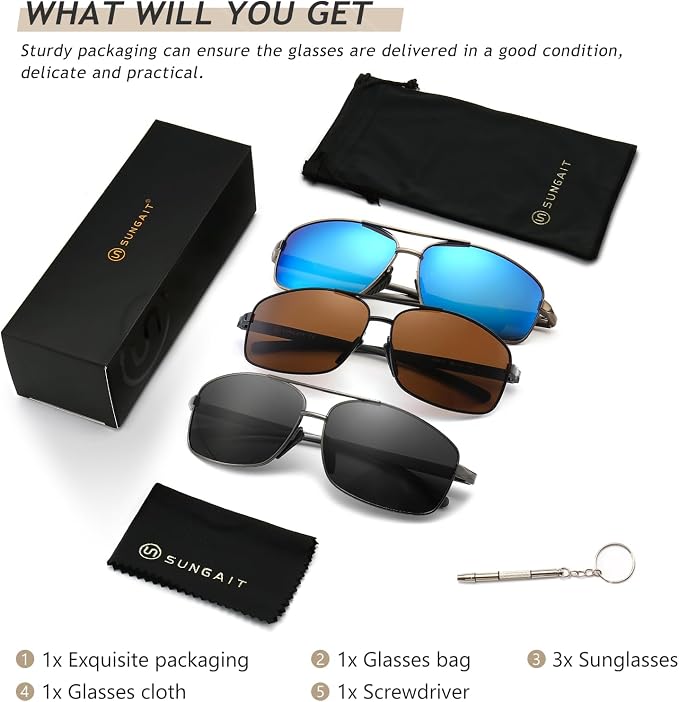 SUNGAIT Ultra Lightweight Rectangular Polarized Sunglasses Men UV400 Protection