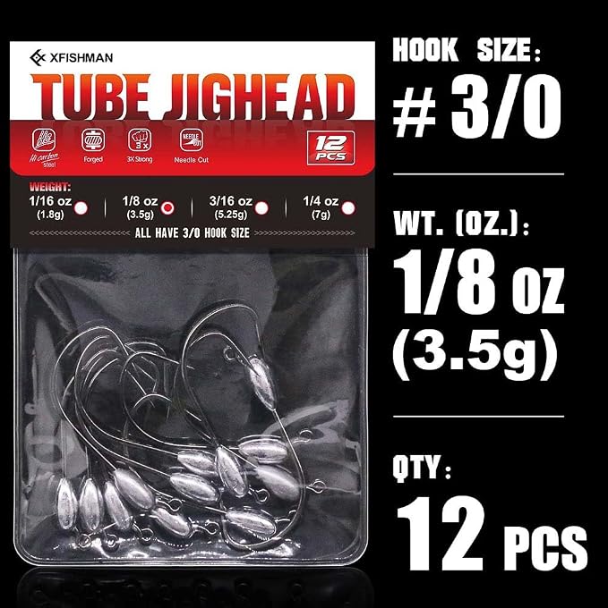 XFISHMAN-Tube-Jig-Heads-for-Bass-Fishing-Tube-Bait-Hooks 1/16oz 1/8oz 3/16oz 1/4oz (12-Pack)