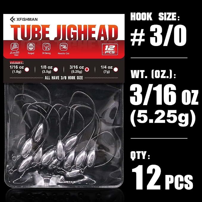 XFISHMAN-Tube-Jig-Heads-for-Bass-Fishing-Tube-Bait-Hooks 1/16oz 1/8oz 3/16oz 1/4oz (12-Pack)