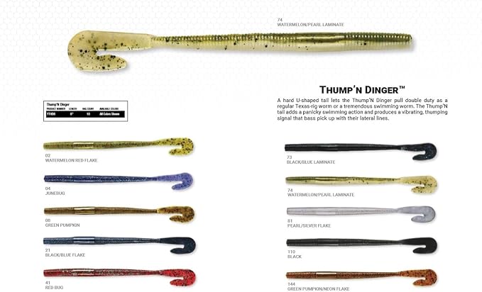 Yum Lures Thump'N Worm Soft P;astic Swim Bait U-Tail Fishing Lure, 10 per Pack, Junebug