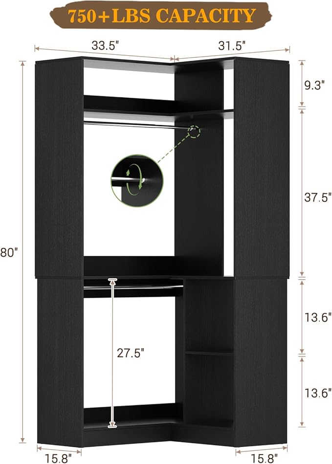Aheaplus Corner Closet System with Shelves, Closet Organizer System with Hanging Rods, Wood Walk-in Closets for Corner Small Space, L Shaped Garment Rack, -B3, Black