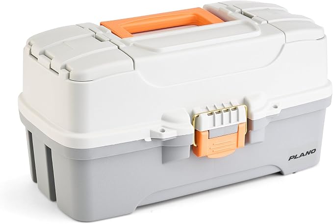 Plano Three-Tray Tackle Box, Light Grey/Dark Grey, Rust-Proof Brass Latch, Top-Access Tray with Deep Storage, Made in the USA, Portable Fishing Gear Storage Organizer