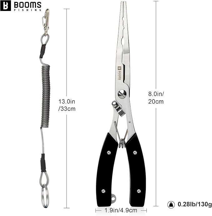 Booms Fishing Pliers Hook Remover: 8" Long Nose Fish Pliers Stainless Steel for Saltwater - Braid Line Cutters with Coiled Lanyard and Safety Lock Design, Multi-Function Fishing Tool For Men, H06