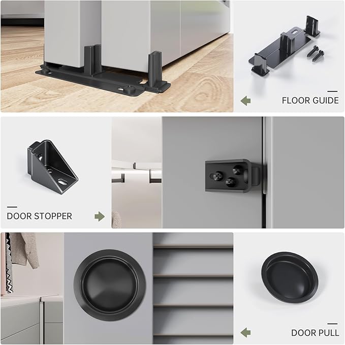 EaseLife 8FT/96in Bypass Double Sliding Pocket Door Hardware Kit, Aluminum, Black, Modern Style