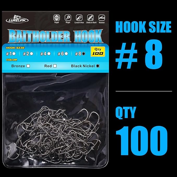 Baitholder Fishing Hooks 100 Pack - Double-Barbed Long Shank for Bluegill Bass Trout Walleye Black/Red, 8/0-#8
