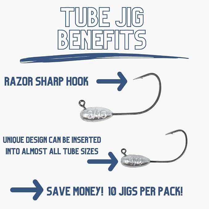 Reaction Tackle Tube Jig Heads for Bass Fishing - Tube Bait with Size Stamped on Jighead for use with Hollow Body Fishing Lures (10-Pack)