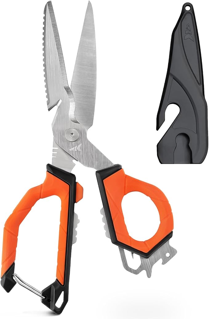 KastKing Paradox 9-Inch Fishing Bait Shears, Multifunctional Fishing Scissors With 5CR15 Stainless Steel Blades, Non-Slip Elastomer Handle, Protective Sheath, Built-In Carabiner