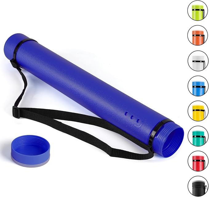 DEWEL Poster Tube, Waterproof Poster Holder Plastic Expandable Poster/Art/Document Storage Tube 24.5" to 40", Adjustable Poster Storage Blueprint Holder with Carrying Strap (Dark Blue-Large Size)