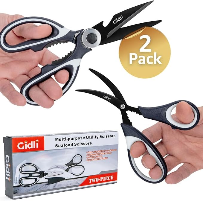 Titanium Coated Kitchen Scissors 2-Piece Set by Gidli - Liftime Replacement Warranty* - Heavy Duty Kitchen Shears for Meat and Food Prep - Includes Bonus 7" Seafood Scissors with Ergonomic Grip
