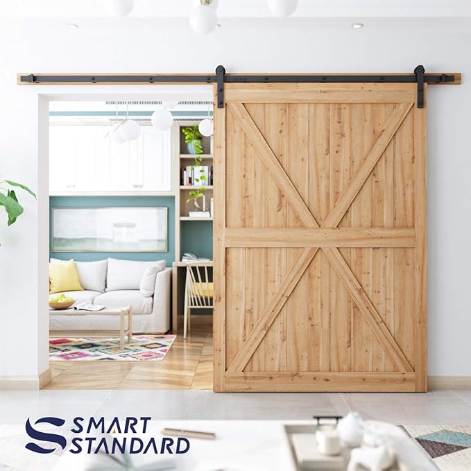 SMARTSTANDARD 10ft Barn Door Hardware Kit - Heavy Duty, Easy to Install, Fits 60" Wide Door Panel (I Shape Hangers)
