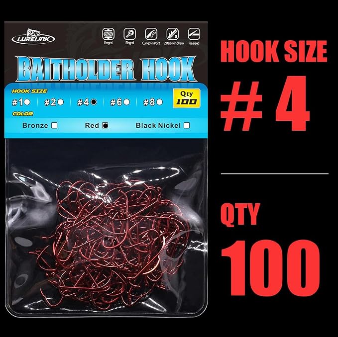 Baitholder Fishing Hooks 100 Pack - Double-Barbed Long Shank for Bluegill Bass Trout Walleye Black/Red, 8/0-#8