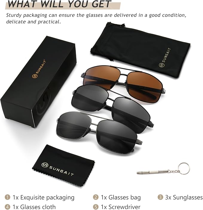 SUNGAIT Ultra Lightweight Rectangular Polarized Sunglasses Men UV400 Protection