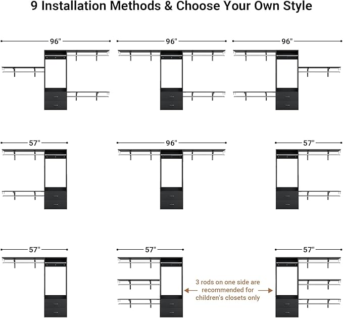 Closet System, 4-8ft Wood Closet Organizer System with 2 Wooden Drawers, Walk-in Wardrobe Clothes Rack with 4 Hanging Rods, Adjustable Heavy Duty Garment Rack,Black