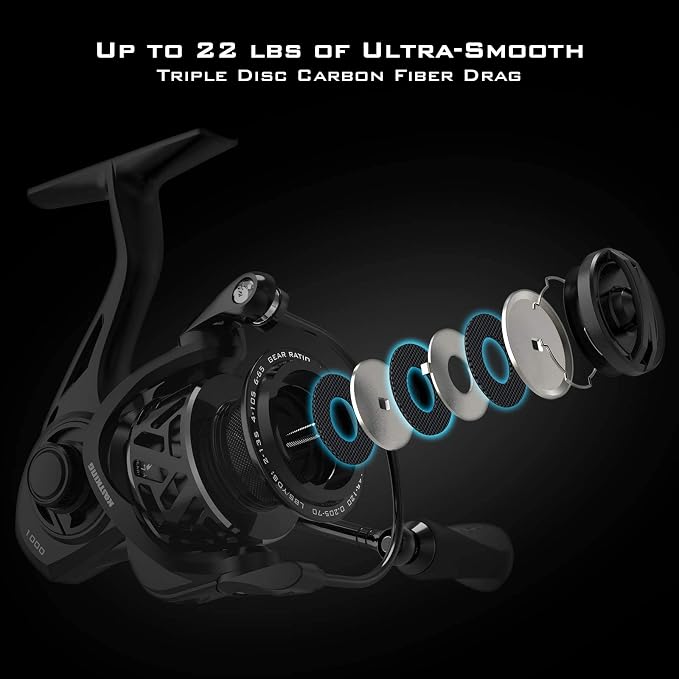 KastKing Zephyr Spinning Reels – 7+1/6+1 BB – Carbon Fiber Drag – Stainless Steel Shaft – Aluminum & CNC Spool – Black/Green/Orange – Sizes 500/1000 SFS – ICE Fishing Ready Reels!