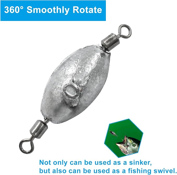 Uenhoy Fishing Weights Inline Trolling Fishing Sinker Tackle with Inner Swivels, Oval Drop Casting Fishing Weight Sinkers