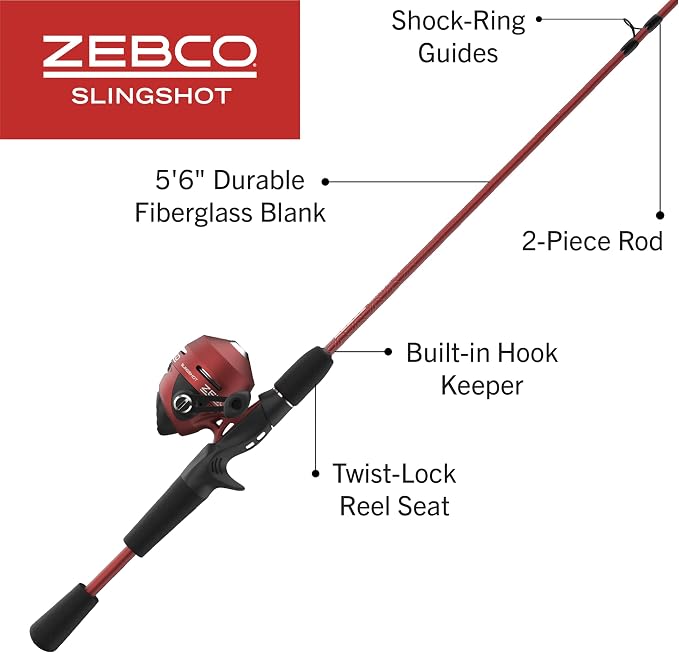 Zebco Slingshot Spincast Reel and Fishing Rod Combo, 2-Piece Fishing Pole, Right-Hand Retrieve, Pre-Spooled with 10-Pound Zebco Line