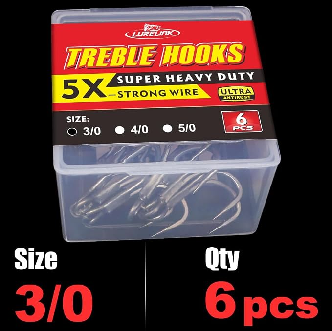 Fishing-Treble-Hooks-5X-Extra-Strong-Heavy-Duty Ultra Anti-Rust Bulk Hooks for Saltwater and Freshwater Fishing Sizes 5/0 to #8