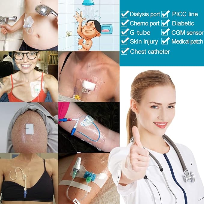 Shower Protector Dialysis Catheter Shower Cover Large Coverage Shower Shields for Peritoneal Dialysis Port Accessories PD Chest Catheter PICC Line Feeding Tube Waterproof Bandage 8"x8"(Pack of 25)