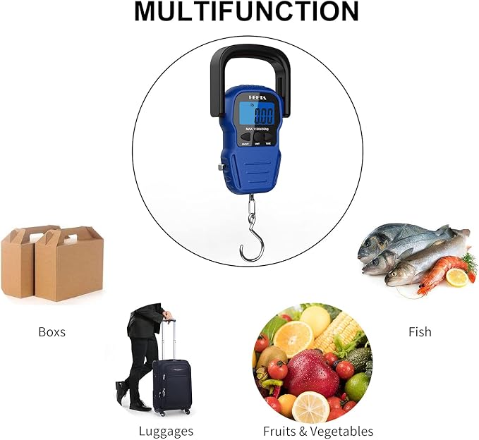 HEETA Fish Scale with Backlit LCD Display, Up to 110lb/50kg Digital Portable Hanging Fish Weight Scale with Hook & Measuring Tape for Home, Farm, Outdoor, Hunting, Fishing, 2 AAA Batteries Included