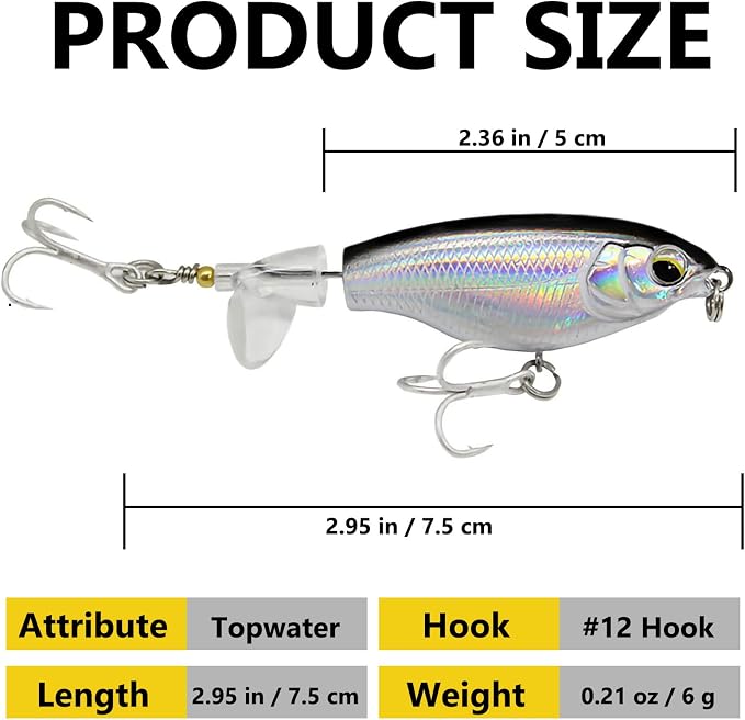 Topwater 90 Top Water Bass Pencil Plopper Fishing Lures - Bass & Pike Lures for Freshwater or Saltwater
