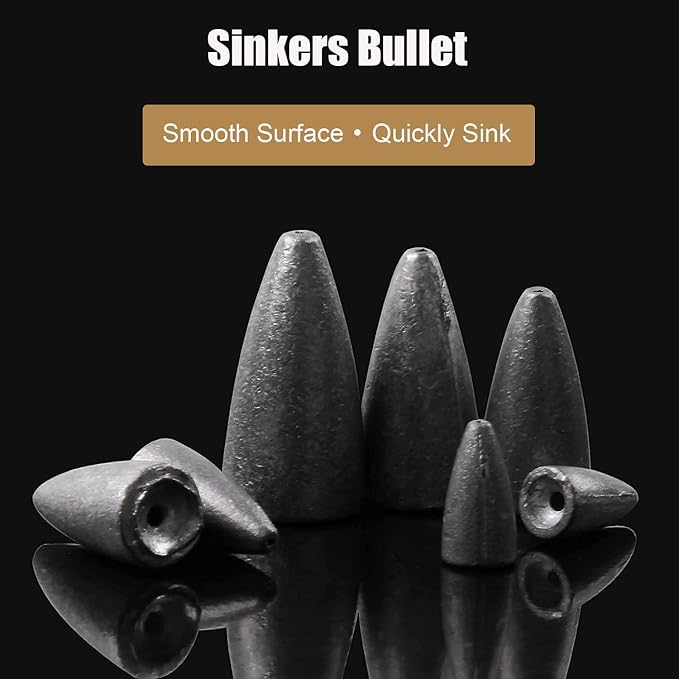Fishing Weights Sinkers, 50pcs Bullet Fishing Sinkers Worm Weights Slip Sinkers Sliding Fishing Weight for Bass Fishing Pitching and Flipping Texas Rig Saltwater Freshwater Fishing Tackle