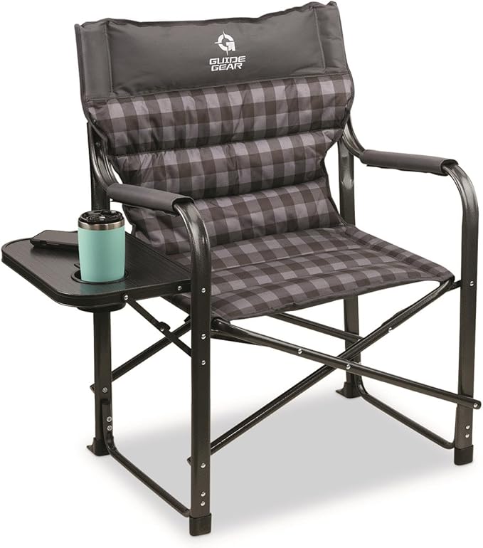 Guide Gear XL Comfort Padded Director’s Camp Chair; 400-lb. Capacity, for Camping, Fishing or by the Beach and Swimming Pool Gray Plaid