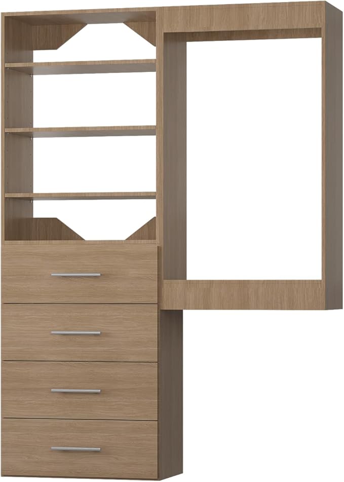ROOMTEC Modular Closet System, 64" Wall-Mounted Closet Organizer with Drawers and Hanging Rods, Wooden Tower for Walk-In Closets, Wardrobe Storage Kit, Wood