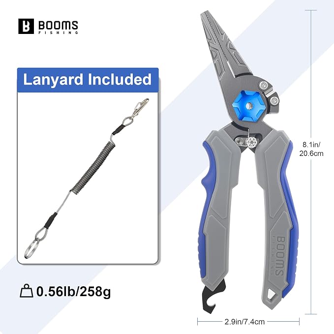 Booms Fishing Pliers Hook Remover: 8.1" Angled Carbon Steel Fish Pliers for Saltwater - Fishing Line Cutter with Lanyard - Braided Cutters & Crimper with Safety Lock, Multi-Function Gear for Men, F09
