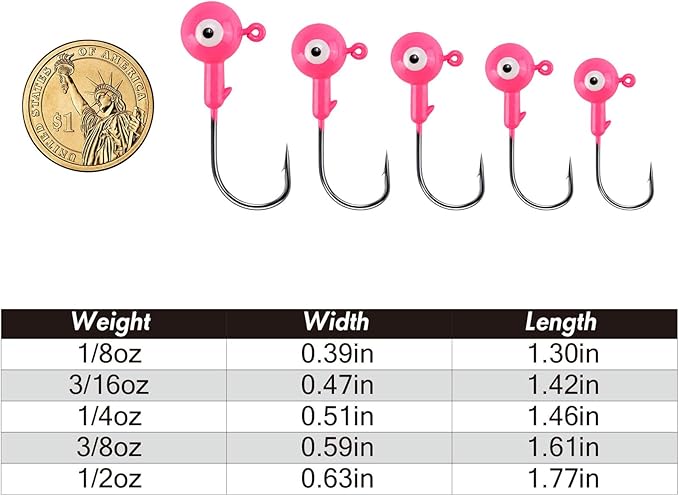 Alwonder 10-Pack Round Fishing Jig Heads, Bass Ball Jigs Hooks 3D Eyes High Carbon Steel 1/8-1/2OZ Pompano Jig Head Saltwater Freshwater Jigs Heads for Fishing Pompano Bass Trout Walleye Striper