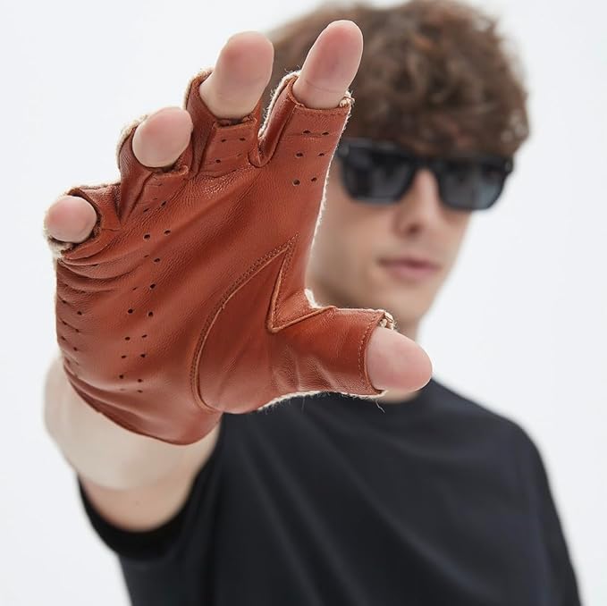 Fingerless Driving Gloves for Men– Soft Lambskin Leather, Crochet String Back