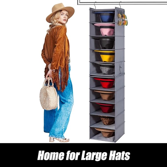 LADYBRO Hat Rack for Closet Hat Organizer 10 Shelf Organizer Fedora Trilby Hanging Storage Display Hanger Holder Caps Oxford Cloth Grey Space Saving