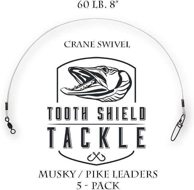 5 Pack 60 lb. Premium Fluorocarbon Tooth Shield Tackle Musky Leader Muskie Pike Leader (Crane Swivel)