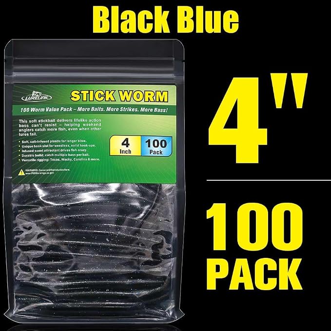 Wacky Worms Soft Plastic for Bass Fishing Lures–100 Pack 4" & 5" Stick Baits Wacky, Texas, Neko & Drop Shot Rigs–Bulk Soft Lure
