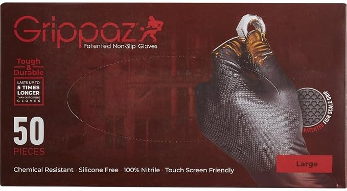 Grippaz 6 Mil Thick Black 100% Nitrile Disposable Gloves, Patented Fish Scale Grip, Touch Screen Capable